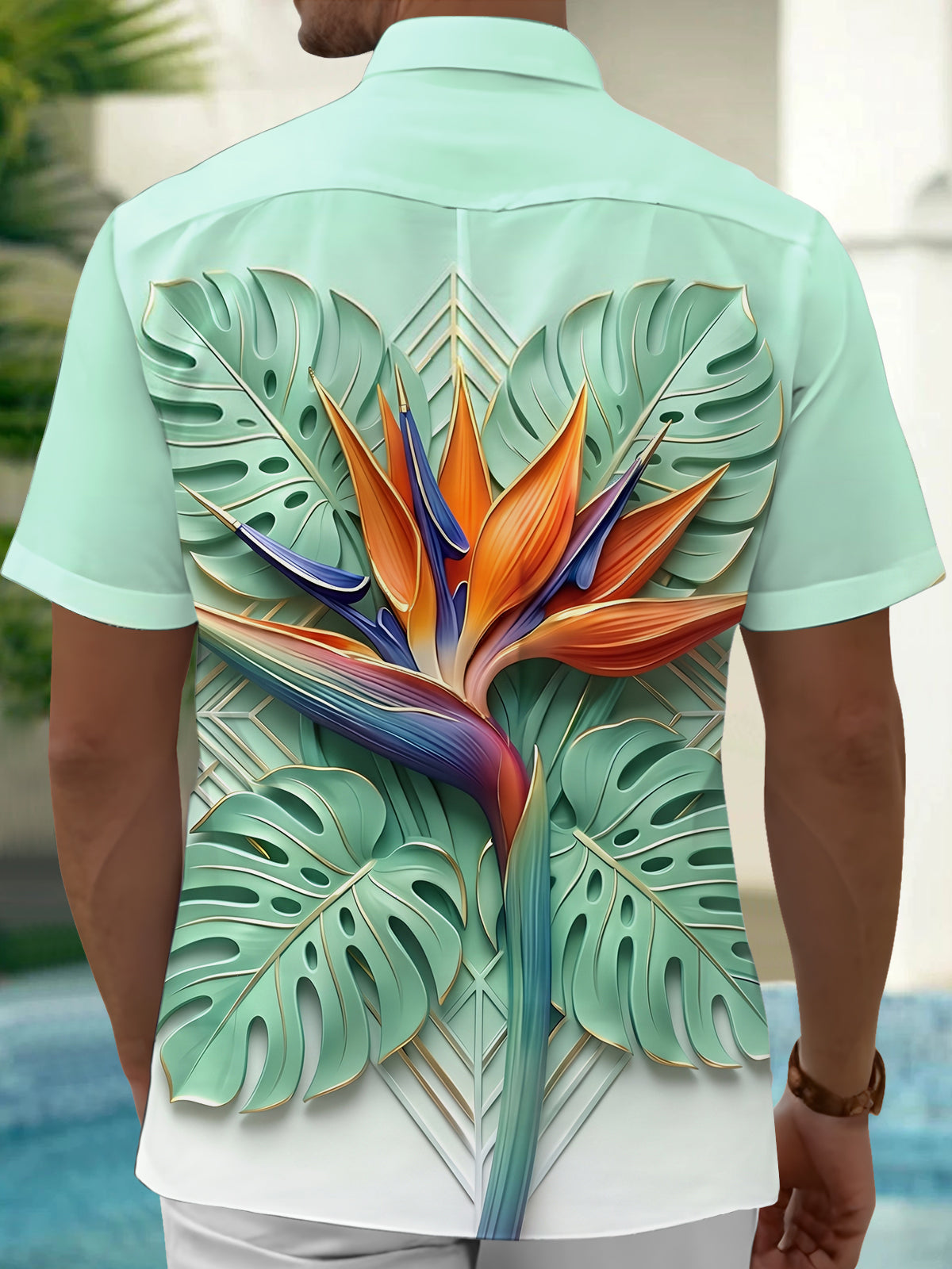 Oceanlyte Men's Short Sleeve Shirt - Bird Of Paradise Flower And Monstera Leaves Print with Chest Pocket