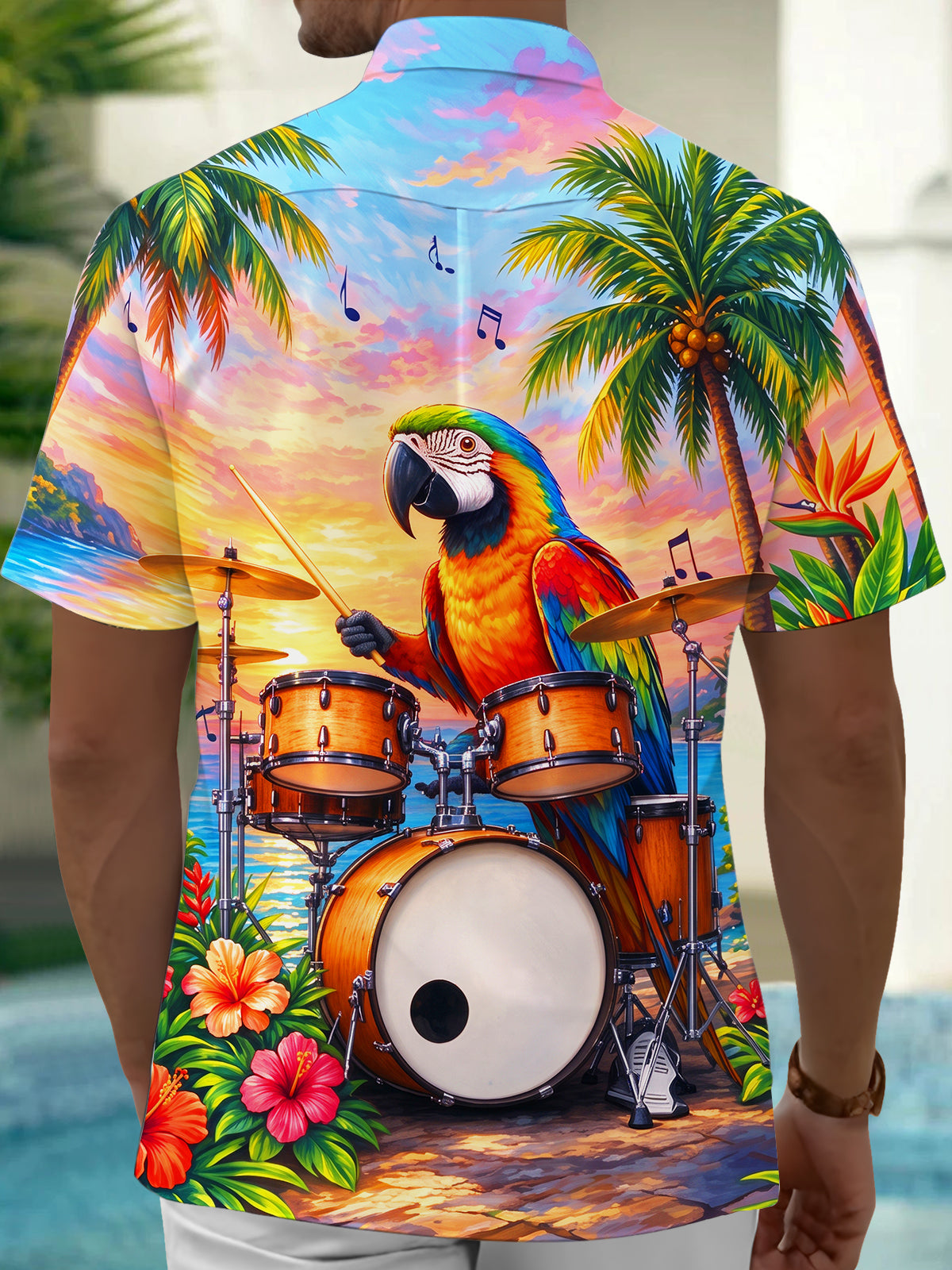 Oceanlyte Men's Hawaiian Parrot Playing Drums Print Short Sleeve Shirt with Chest Pocket
