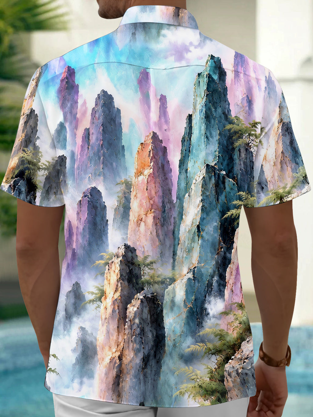 Oceanlyte Men's Mountain Landscape With Pine Trees Print Short Sleeve Shirt with Chest Pocket