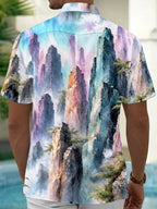 Oceanlyte Men's Mountain Landscape With Pine Trees Print Short Sleeve Shirt with Chest Pocket