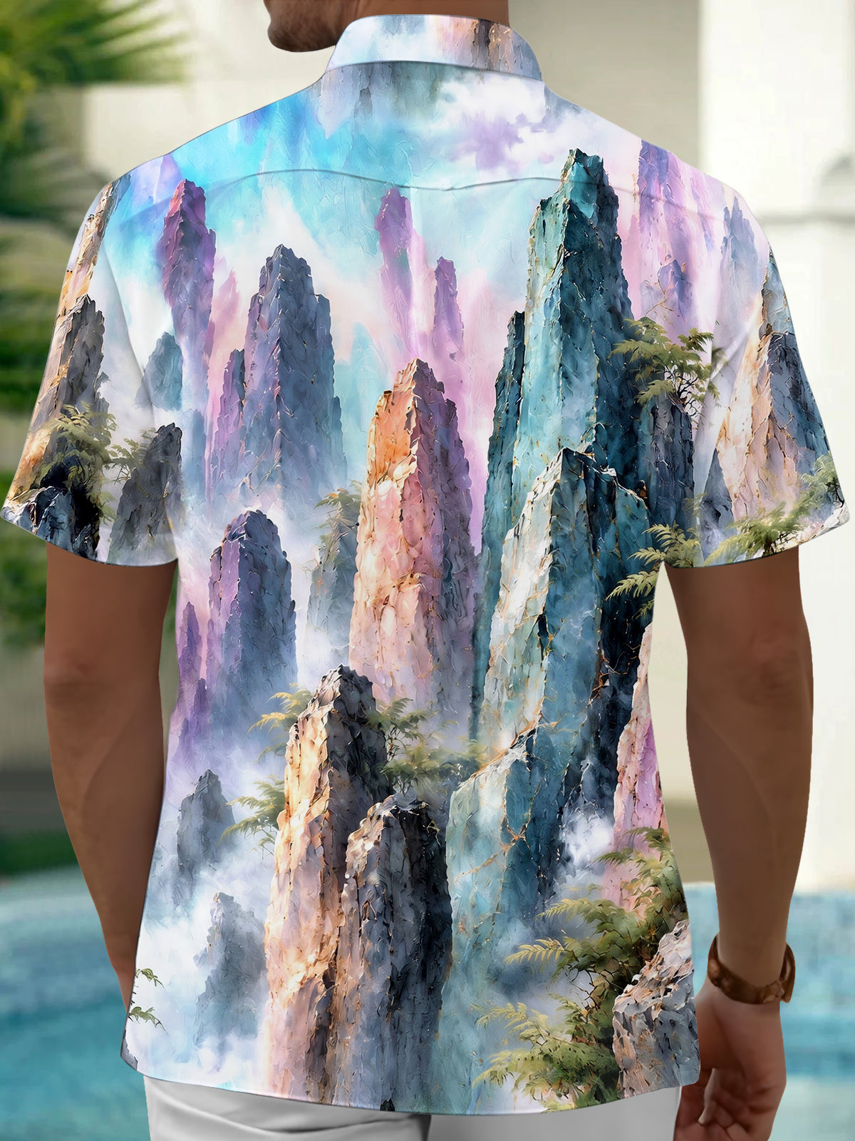 Oceanlyte Men's Mountain Landscape With Pine Trees Print Short Sleeve Shirt with Chest Pocket