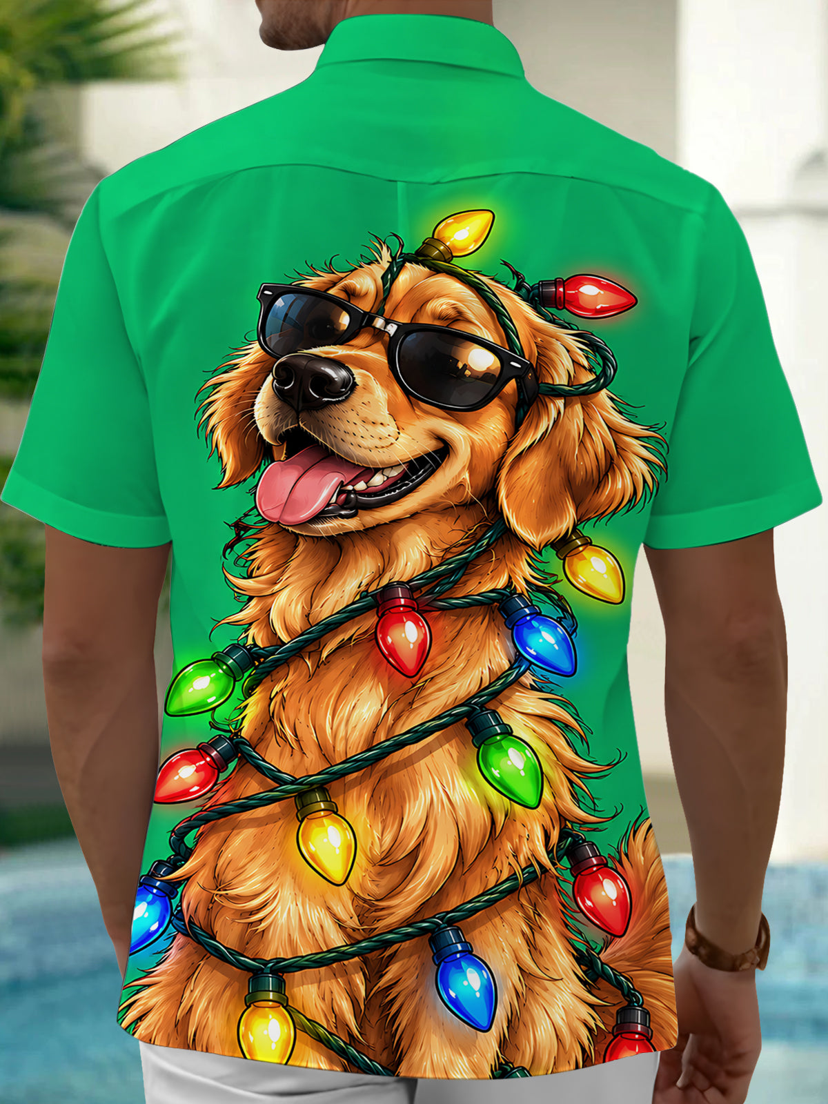Oceanlyte Men's Graphic Christmas Dog And String Lights Print Short Sleeve Shirt with Chest Pocket