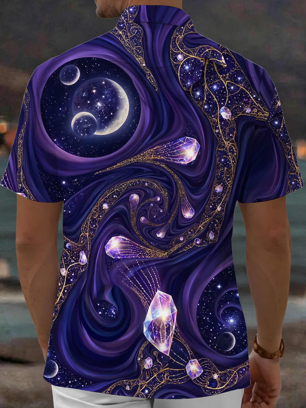 Oceanlyte Men's Hawaiian Crystal Gems And Space Planets Print Short Sleeve Shirt with Chest Pocket