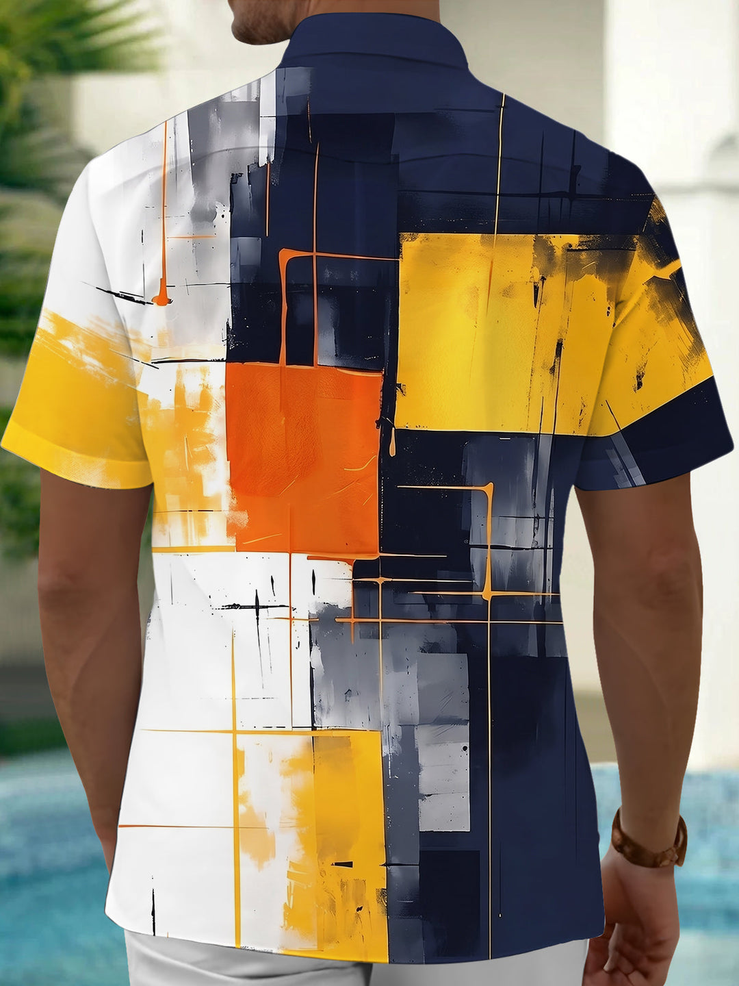 Oceanlyte Men's Abstract Geometric Color Block Print Short Sleeve Shirt with Chest Pocket