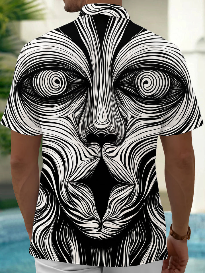 Oceanlyte Men's Geometric Abstract Face Swirl Print Short Sleeve Button Down Shirt with Chest Pocket