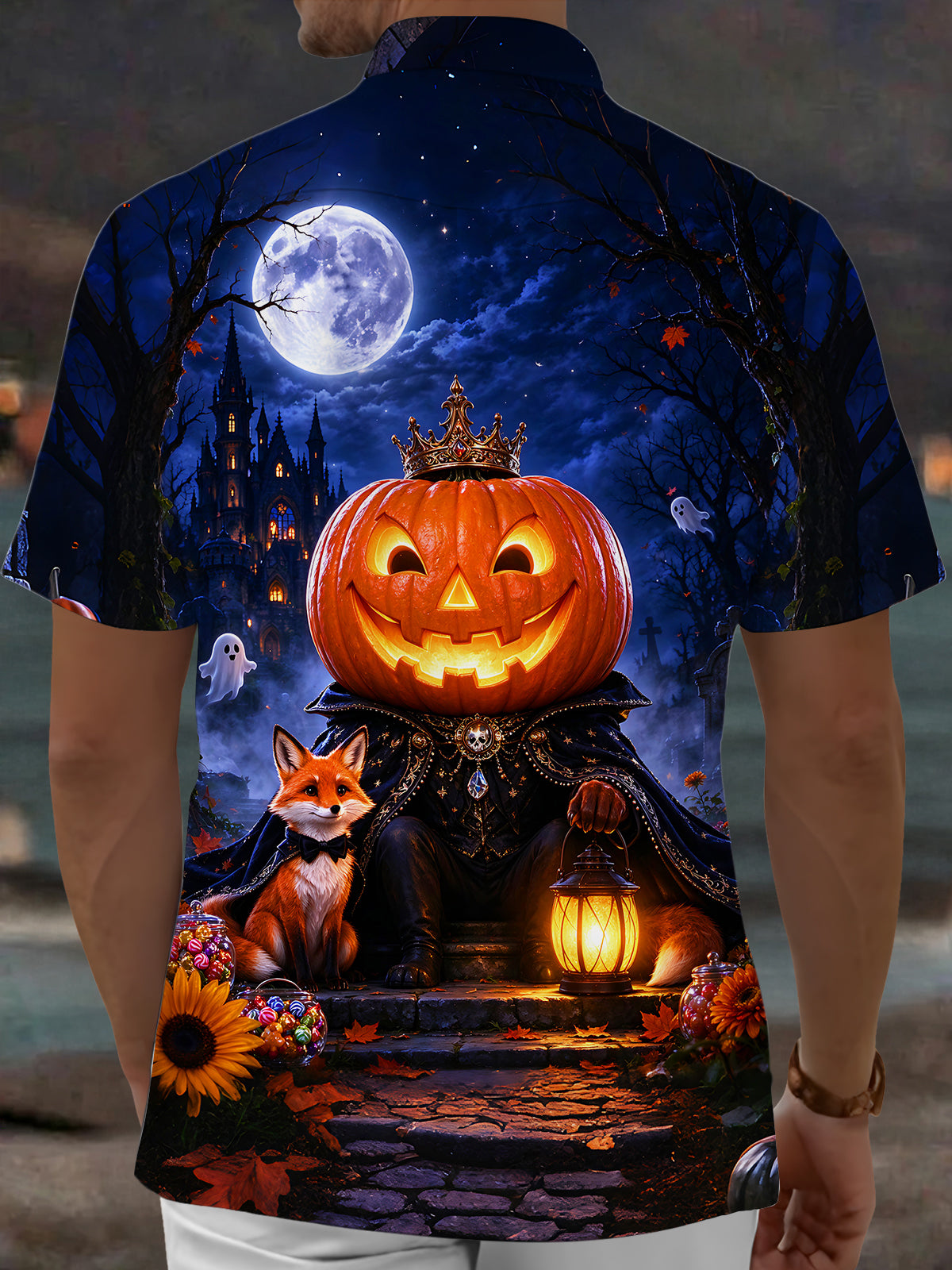 Oceanlyte Men's Graphic Halloween Pumpkin King And Fox Print Short Sleeve Shirt with Chest Pocket