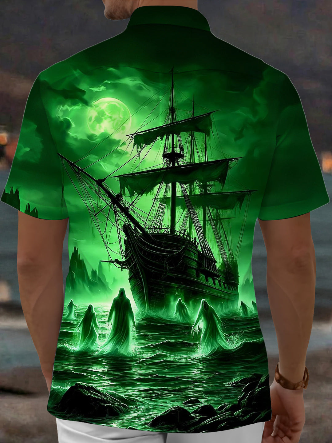 Oceanlyte Men's Graphic Ghost Ship Print Short Sleeve Shirt with Chest Pocket