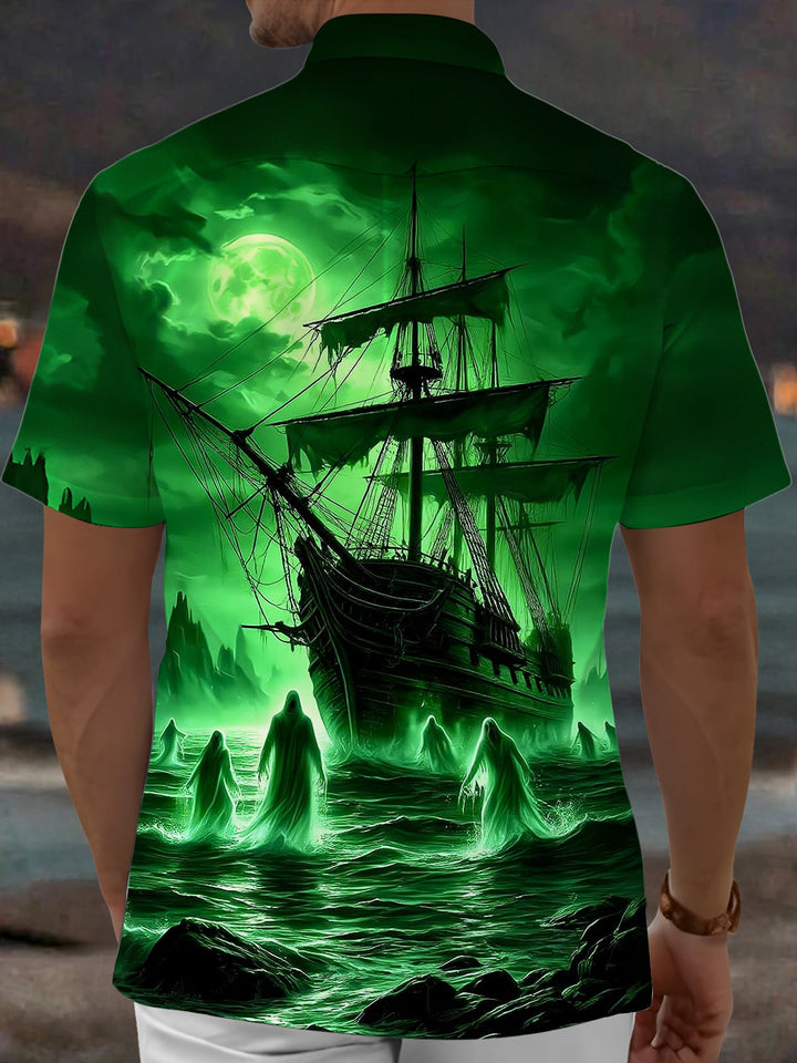 Oceanlyte Men's Graphic Ghost Ship Print Short Sleeve Shirt with Chest Pocket