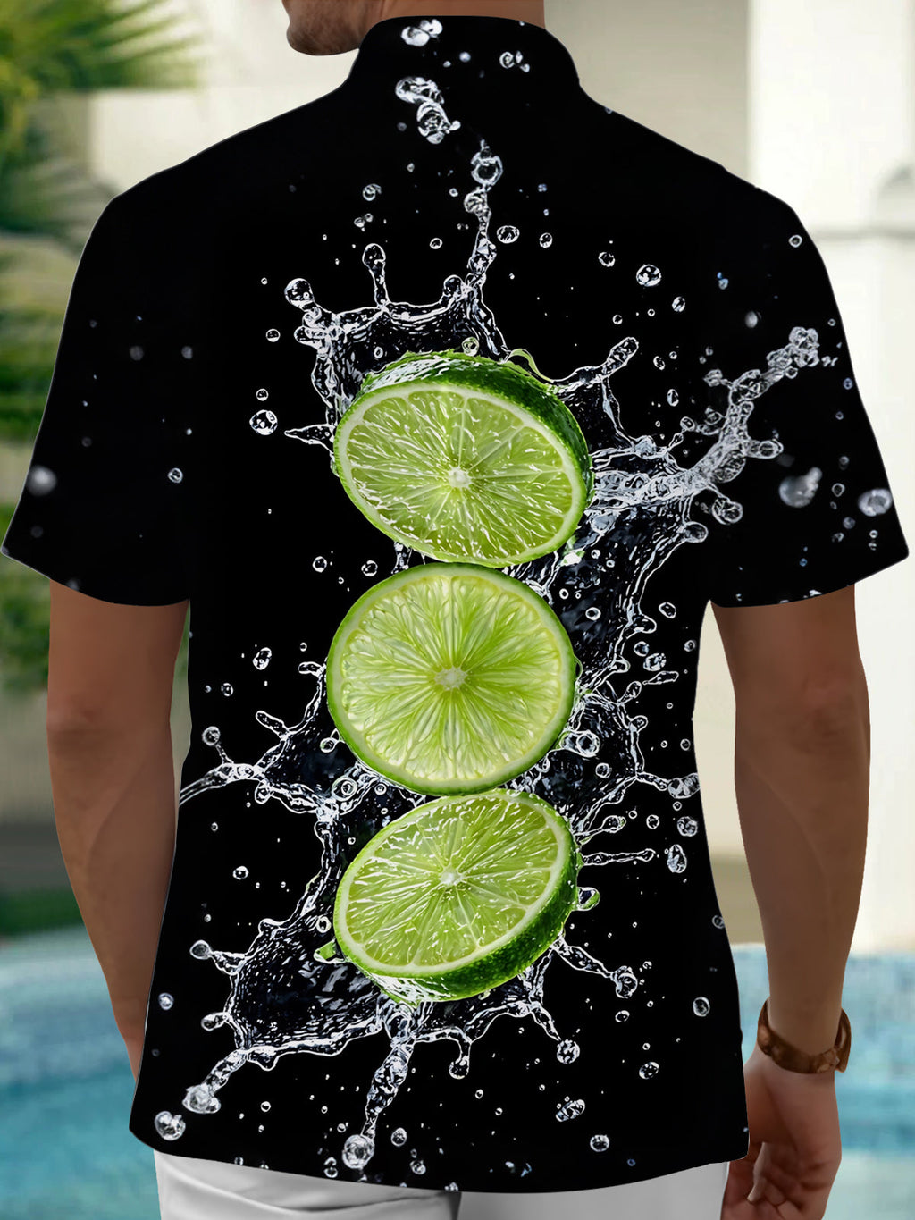 Oceanlyte Men's Hawaiian Lime Slices With Water Splash Print Short Sleeve Shirt with Chest Pocket