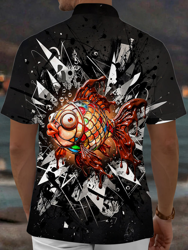 Oceanlyte Men's Graphic Stained Glass Goldfish Print Short Sleeve Shirt with Chest Pocket