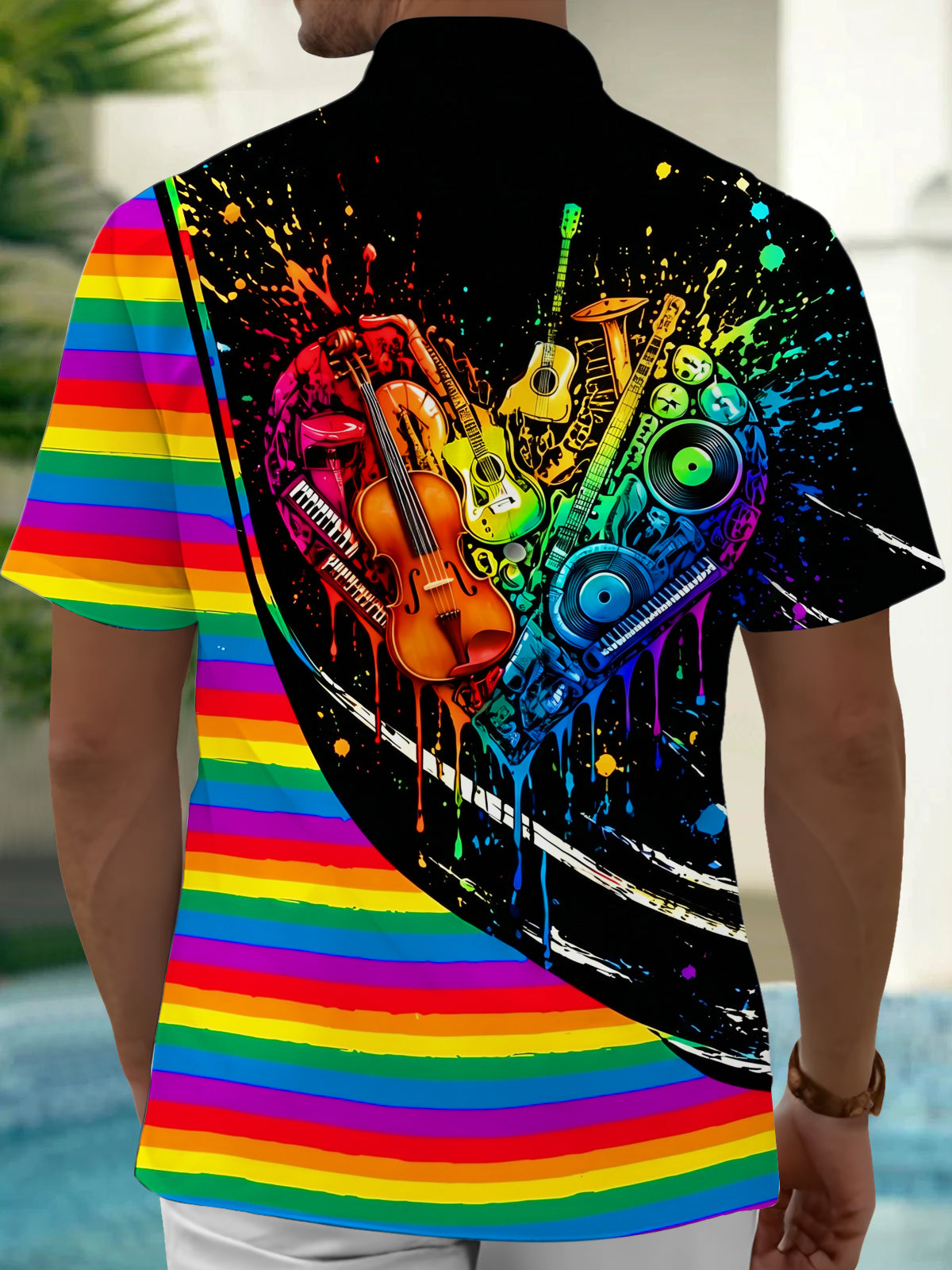 Oceanlyte Men's Graphic Musical Instruments Heart Print Short Sleeve Shirt with Chest Pocket
