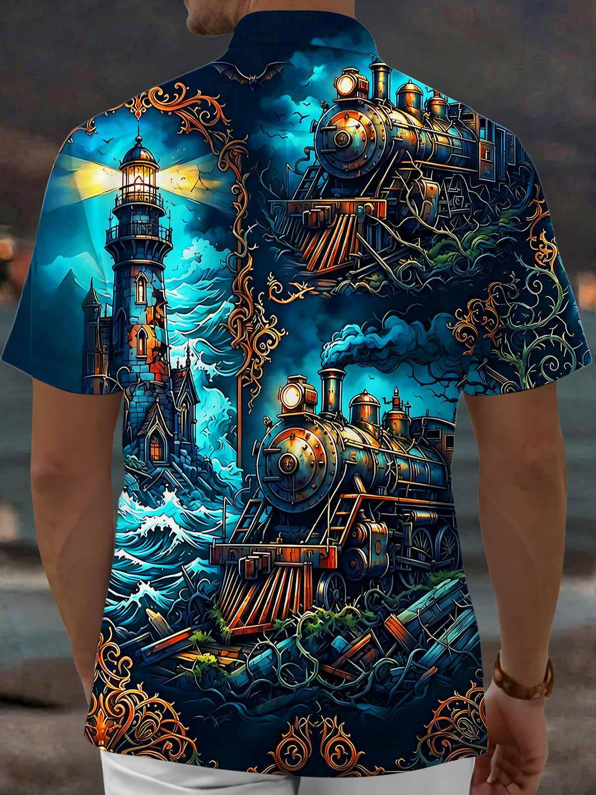 Oceanlyte Men's Steampunk Train And Coastal Lighthouse Print Short Sleeve Shirt with Chest Pocket