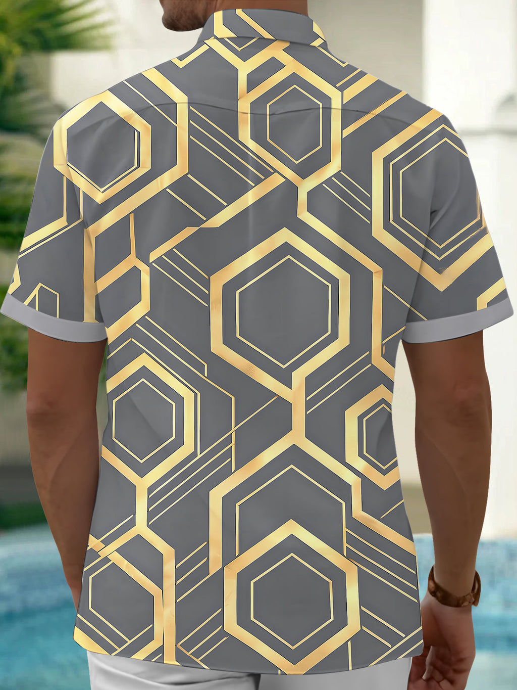 Oceanlyte Men's Patterned Geometric Hexagon Pattern Short Sleeve Shirt with Chest Pocket