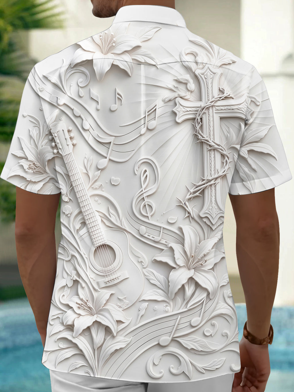 Oceanlyte Men's Short Sleeve Shirt - Embossed Guitar And Cross With Lily Flowers Print with Chest Pocket