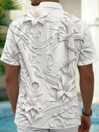Oceanlyte Men's Short Sleeve Shirt - Embossed Guitar And Cross With Lily Flowers Print with Chest Pocket