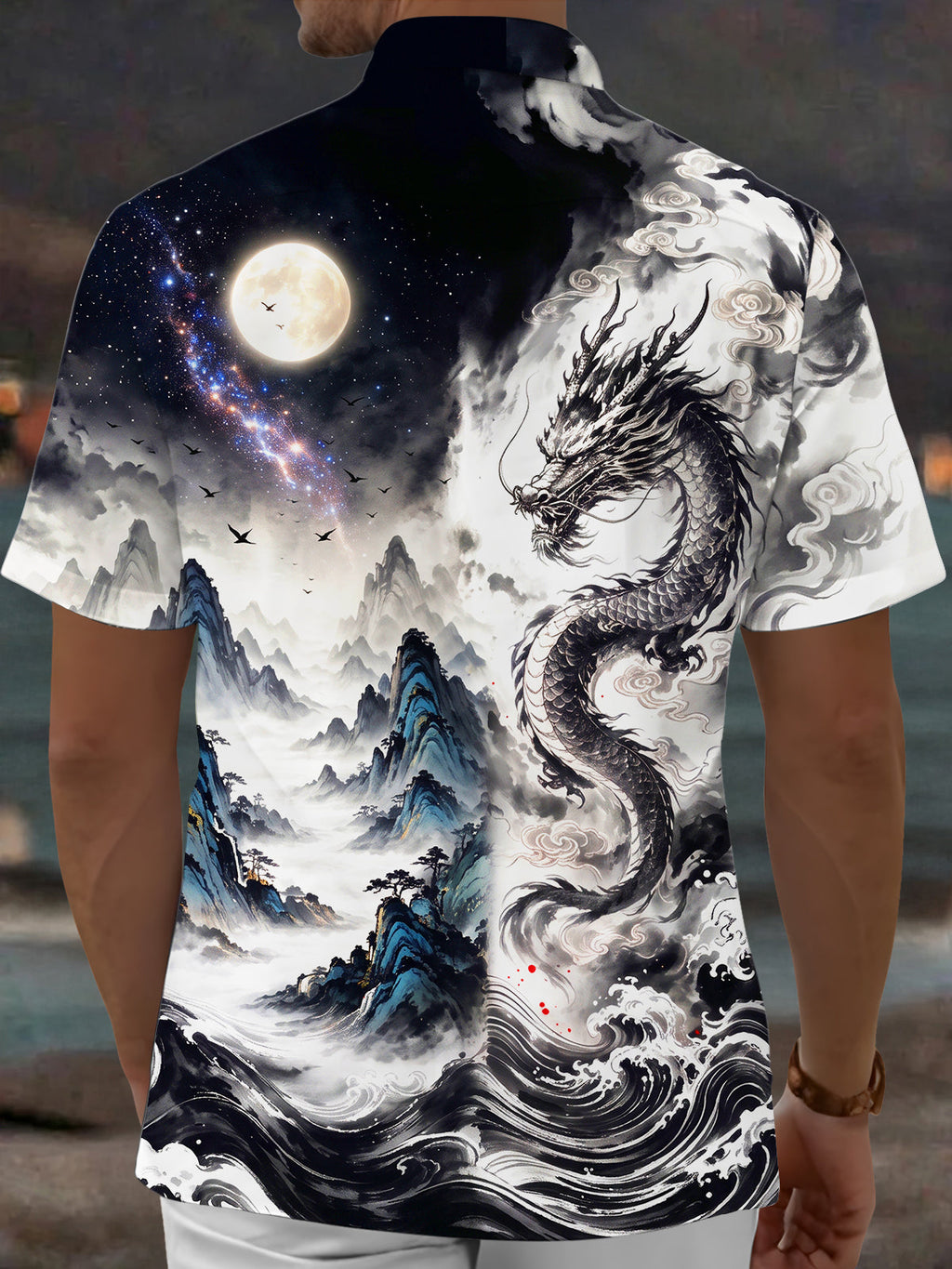 Oceanlyte Men's Short Sleeve Shirt - Ink Dragon And Moonlit Mountain Landscape Print with Chest Pocket