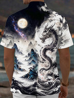Oceanlyte Men's Short Sleeve Shirt - Ink Dragon And Moonlit Mountain Landscape Print with Chest Pocket