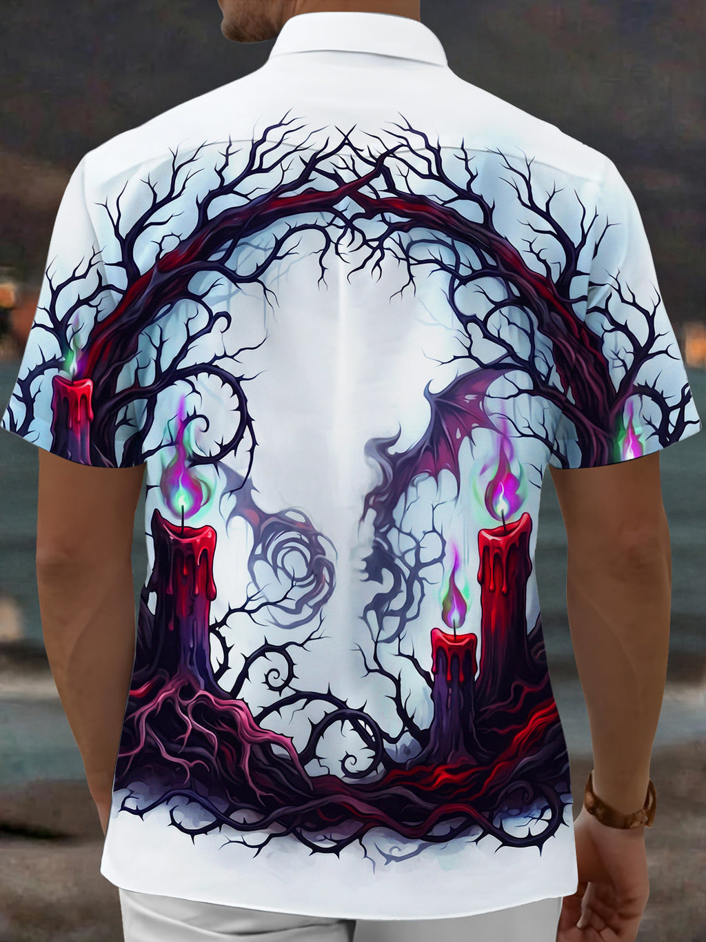 Oceanlyte Men's Gothic Dead Trees And Red Candles Print Short Sleeve Shirt with Chest Pocket