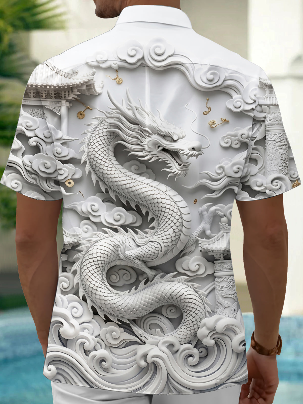 Oceanlyte Men's 3D 3D Dragon Print Chinese Clouds Print Short Sleeve Shirt with Chest Pocket