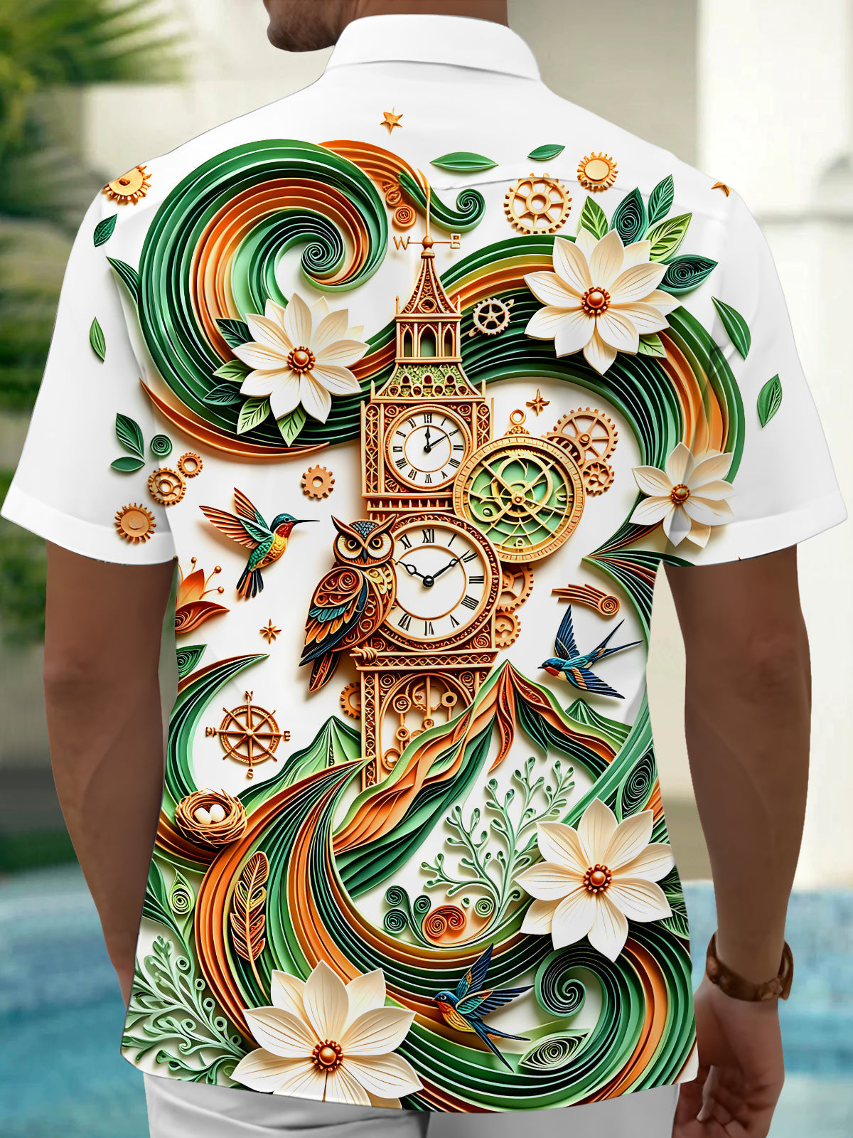 Oceanlyte Men's Graphic 3D Relief Clock Tower Print Short Sleeve Shirt with Chest Pocket