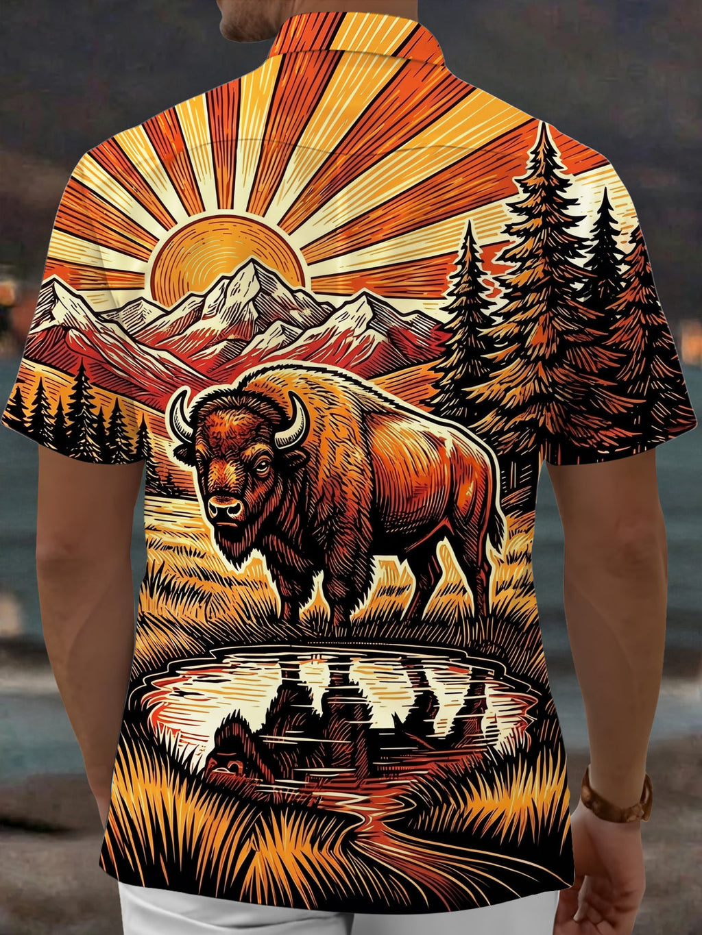 Oceanlyte Men's Vintage Style Bison Landscape Print Short Sleeve Shirt with Chest Pocket