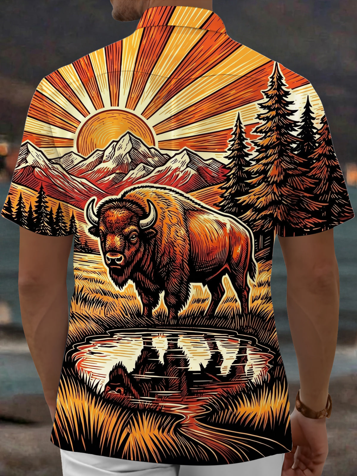 Oceanlyte Men's Vintage Style Bison Landscape Print Short Sleeve Shirt with Chest Pocket