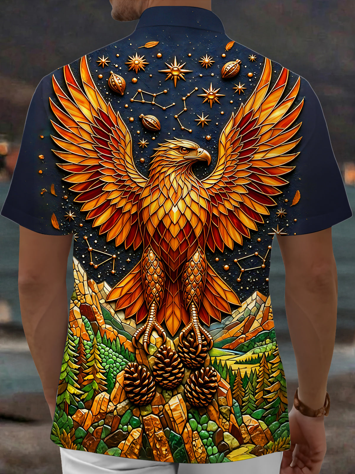 Oceanlyte Men's Graphic Stained Glass Eagle Print Short Sleeve Shirt with Chest Pocket