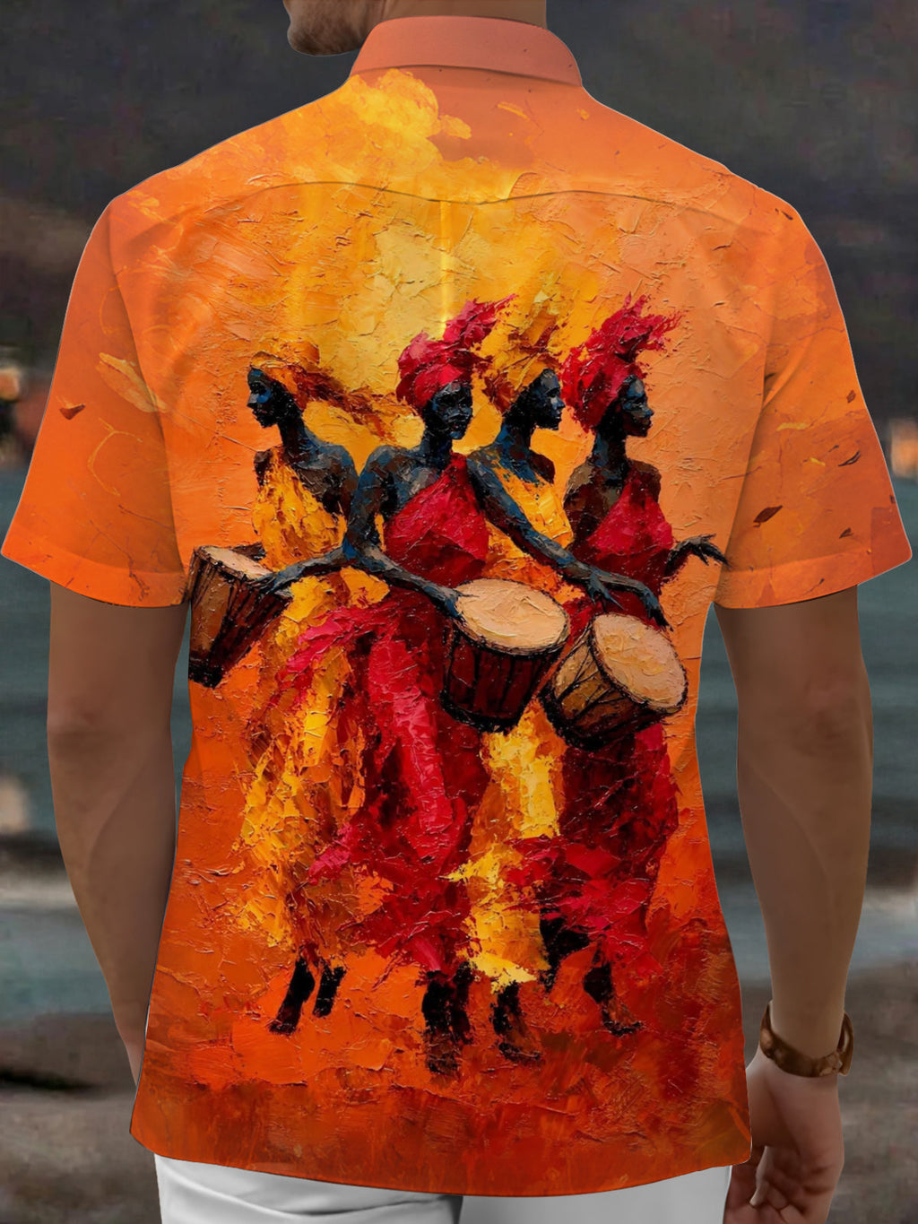 Oceanlyte Men's Graphic African Drum Players Print Short Sleeve Shirt with Chest Pocket