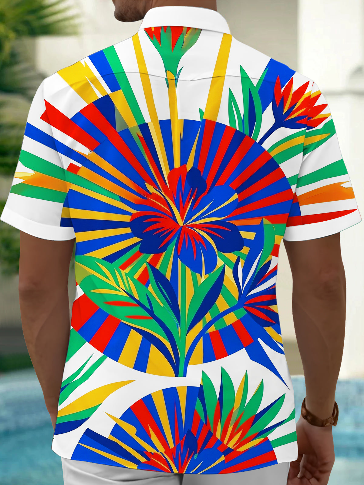 Oceanlyte Men's Short Sleeve Shirt - Tropical Hibiscus And Geometric Sunburst Print with Chest Pocket