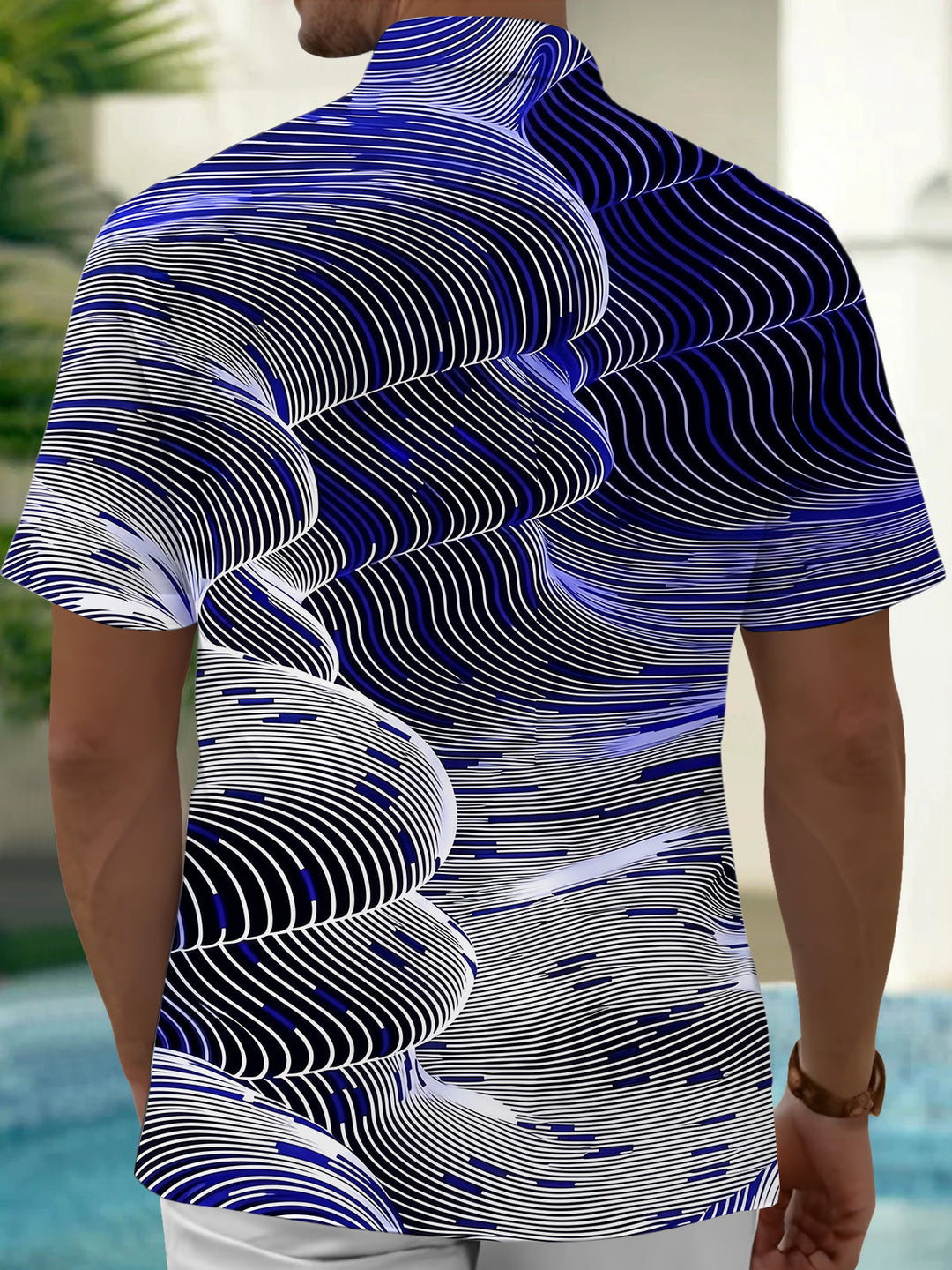 Oceanlyte Men's Patterned Abstract Wavy Lines Print Short Sleeve Shirt with Chest Pocket
