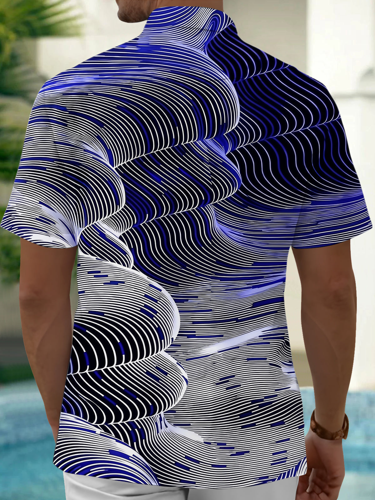 Oceanlyte Men's Patterned Abstract Wavy Lines Print Short Sleeve Shirt with Chest Pocket