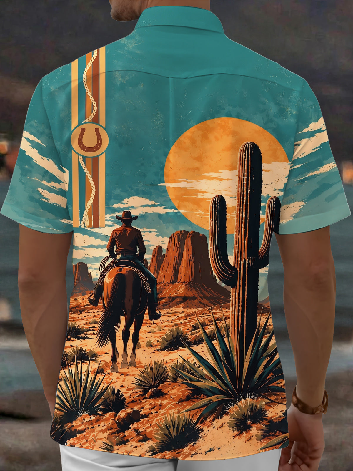 Oceanlyte Men's Short Sleeve Shirt - Western Desert Landscape With Cactus And Cowboy Print with Chest Pocket