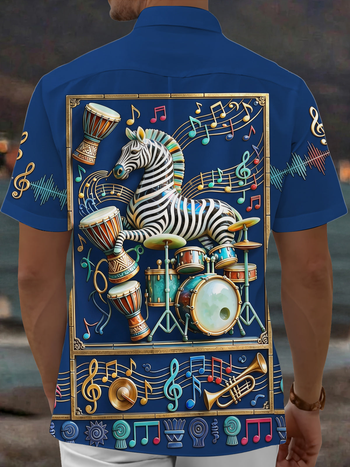 Oceanlyte Men's Graphic Zebra Drummer Print Short Sleeve Shirt with Chest Pocket