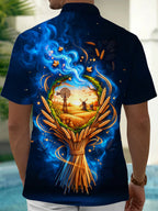Oceanlyte Men's Wheat Field And Windmill Landscape Print Short Sleeve Shirt with Chest Pocket