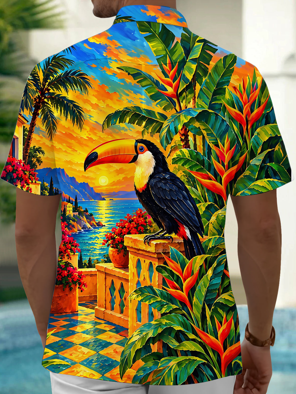 Oceanlyte Men's Toucan And Palm Tree Sunset Landscape Print Short Sleeve Shirt with Chest Pocket