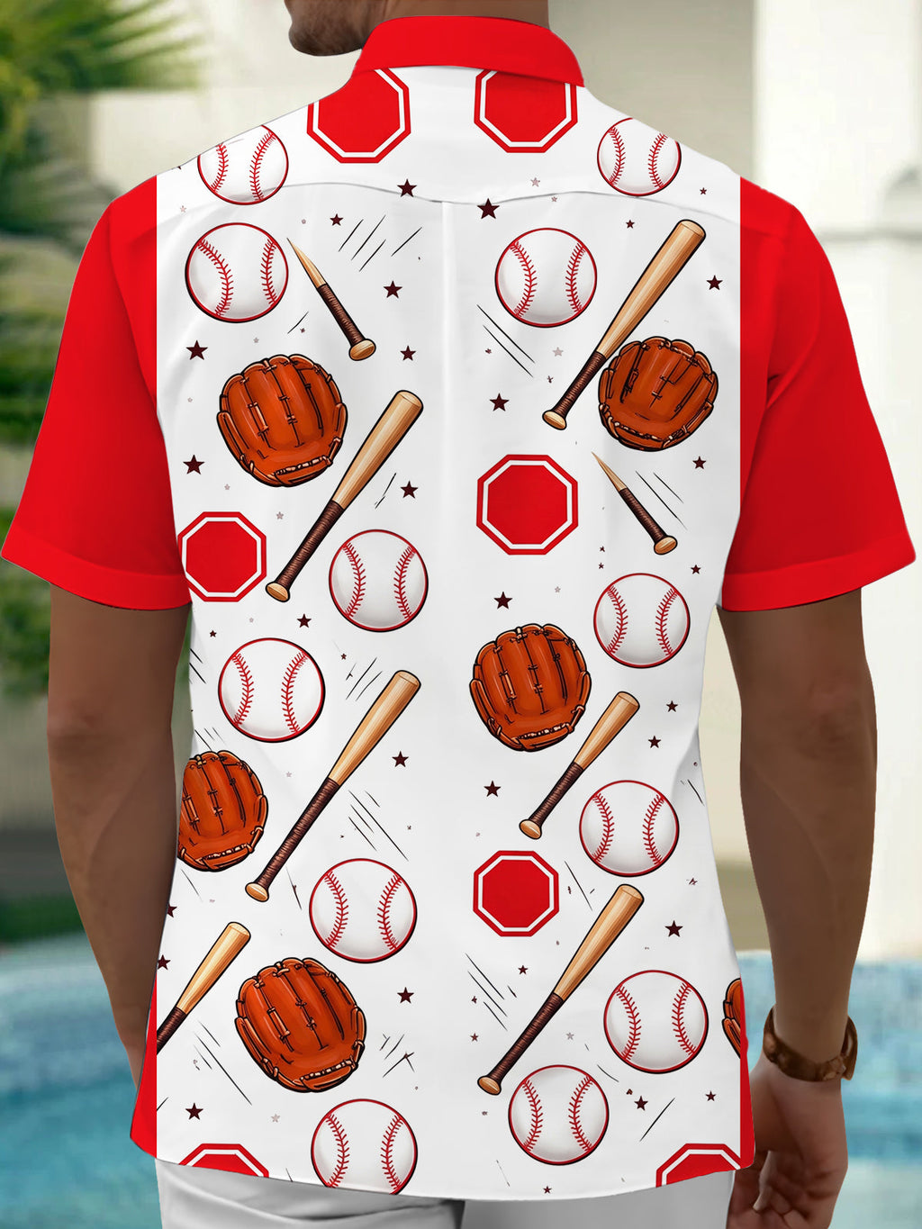 Oceanlyte Men's Baseball Equipment And Home Plate Print Short Sleeve Shirt with Chest Pocket