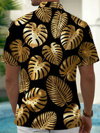 Oceanlyte Men's Gold Palm Leaf And Monstera Leaf Print Short Sleeve Shirt with Chest Pocket