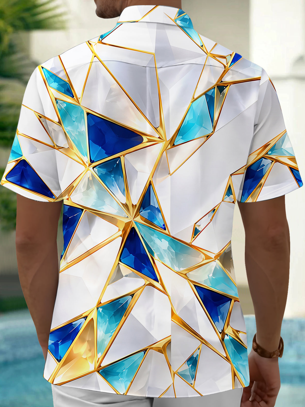 Oceanlyte Men's Short Sleeve Shirt - Geometric Crystal Facets With Gold Lines Print with Chest Pocket