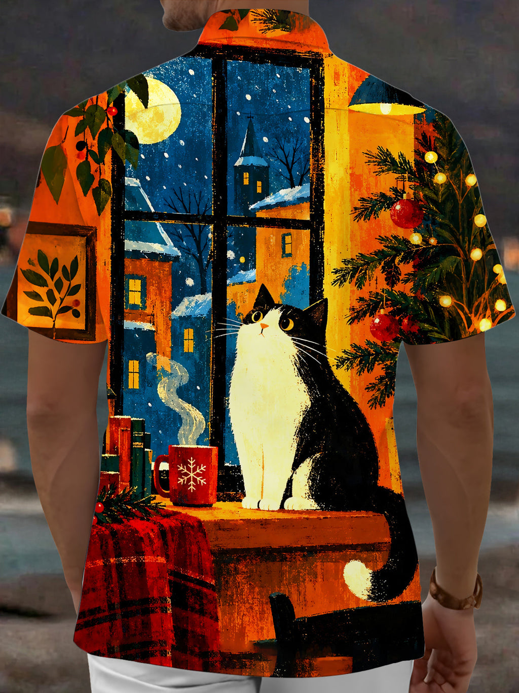 Oceanlyte Men's Printed Christmas Cat Print Short Sleeve Shirt with Chest Pocket