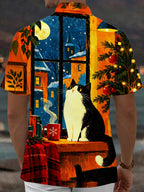 Oceanlyte Men's Printed Christmas Cat Print Short Sleeve Shirt with Chest Pocket