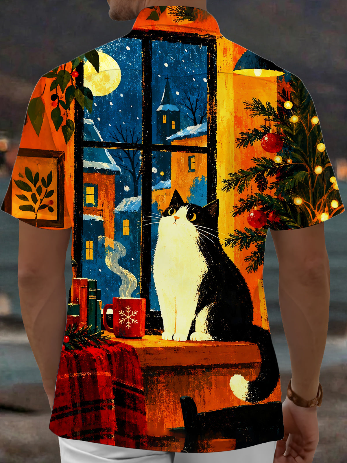 Oceanlyte Men's Printed Christmas Cat Print Short Sleeve Shirt with Chest Pocket