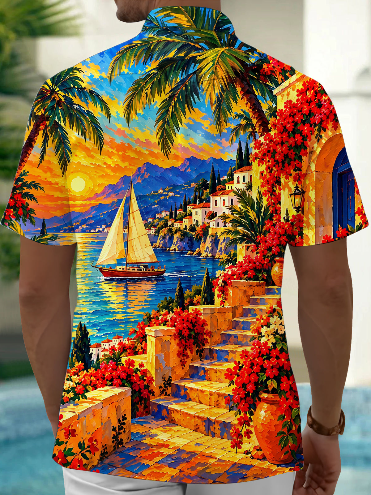 Oceanlyte Men's Short Sleeve Shirt - Coastal Sunset Sailboat And Mediterranean Architecture Print with Chest Pocket