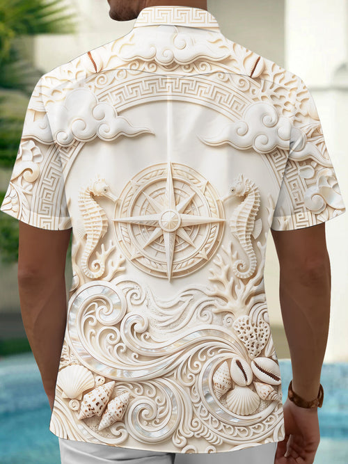 Oceanlyte Men's 3D 3D Relief Seahorse And Compass Rose Print Short Sleeve Shirt with Chest Pocket