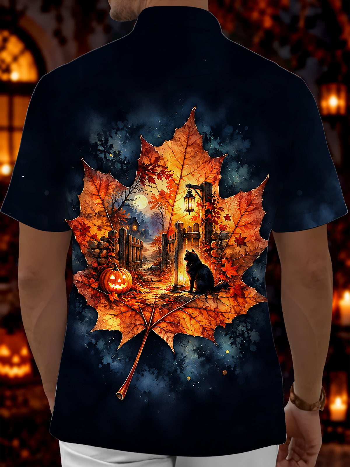 Oceanlyte Men's Short Sleeve Shirt - Halloween Black Cat And Jack-o-lantern Pumpkin Print with Chest Pocket