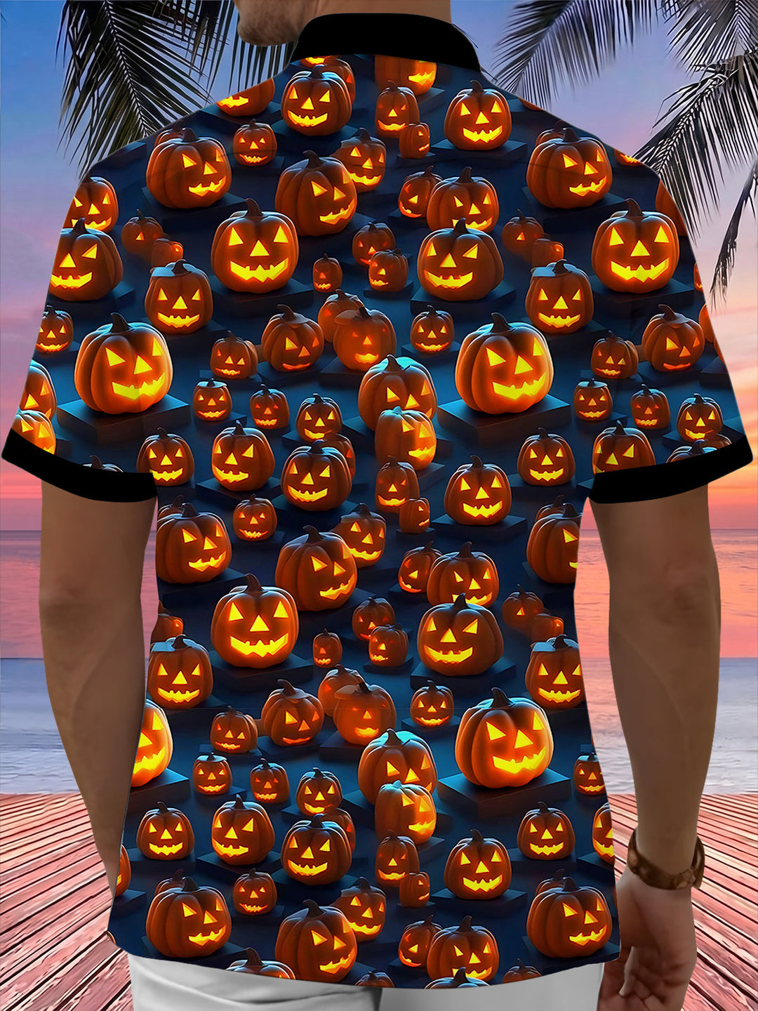 Oceanlyte Men's Graphic Halloween Jack-o-lantern Print Short Sleeve Shirt with Chest Pocket