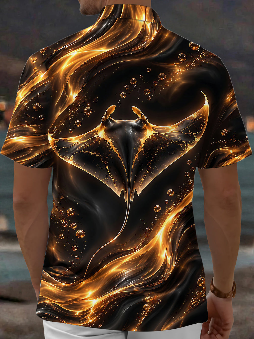Oceanlyte Men's Manta Ray With Golden Bubbles And Waves Print Short Sleeve Shirt with Chest Pocket