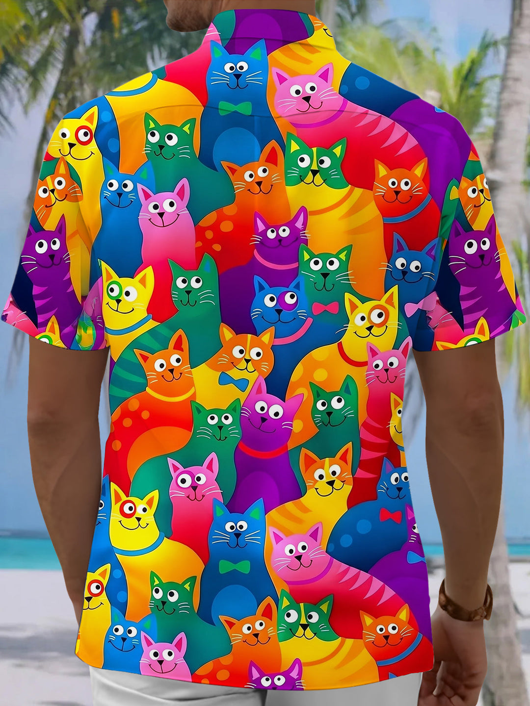 Oceanlyte Men's Hawaiian Colorful Cartoon Cat Print Short Sleeve Button Down Shirt with Chest Pocket