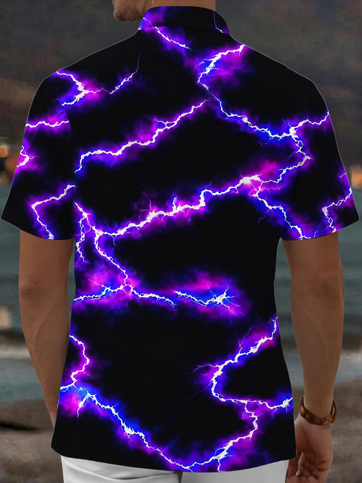 Oceanlyte Men's Abstract Purple Lightning Bolt Print Short Sleeve Shirt with Chest Pocket