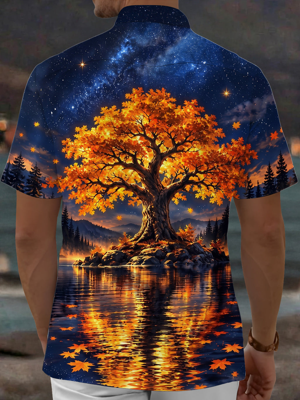 Oceanlyte Men's Autumn Tree And Starry Night Landscape Print Short Sleeve Shirt with Chest Pocket
