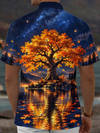 Oceanlyte Men's Autumn Tree And Starry Night Landscape Print Short Sleeve Shirt with Chest Pocket